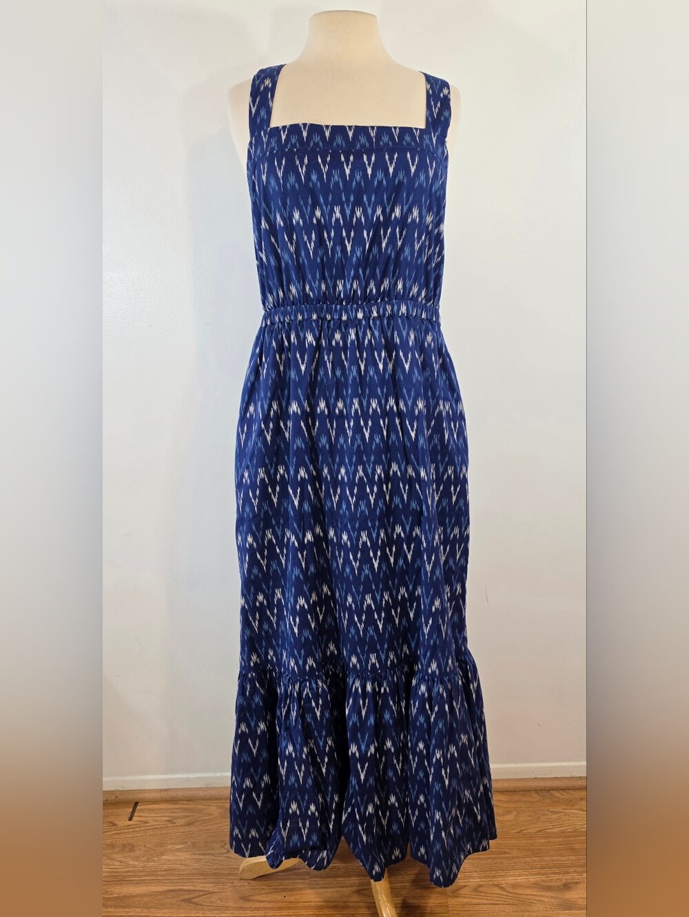 J. Crew Ikat Patterned Cotton Blue Maxi Dress 16 Boho Resort Coastal